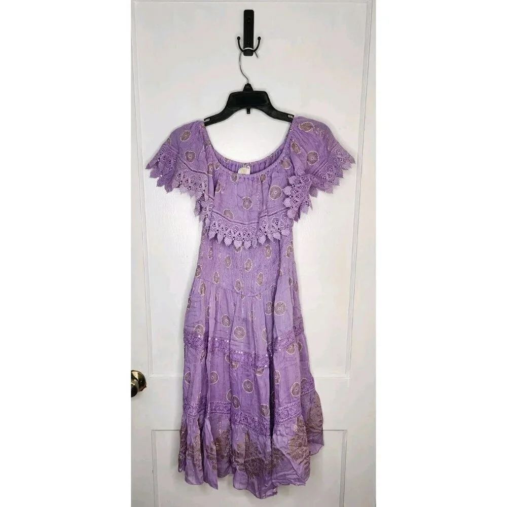 NWT Sz S/M Ananta Made In India 100% Rayon Purple Gold Mandala Dress Boho
